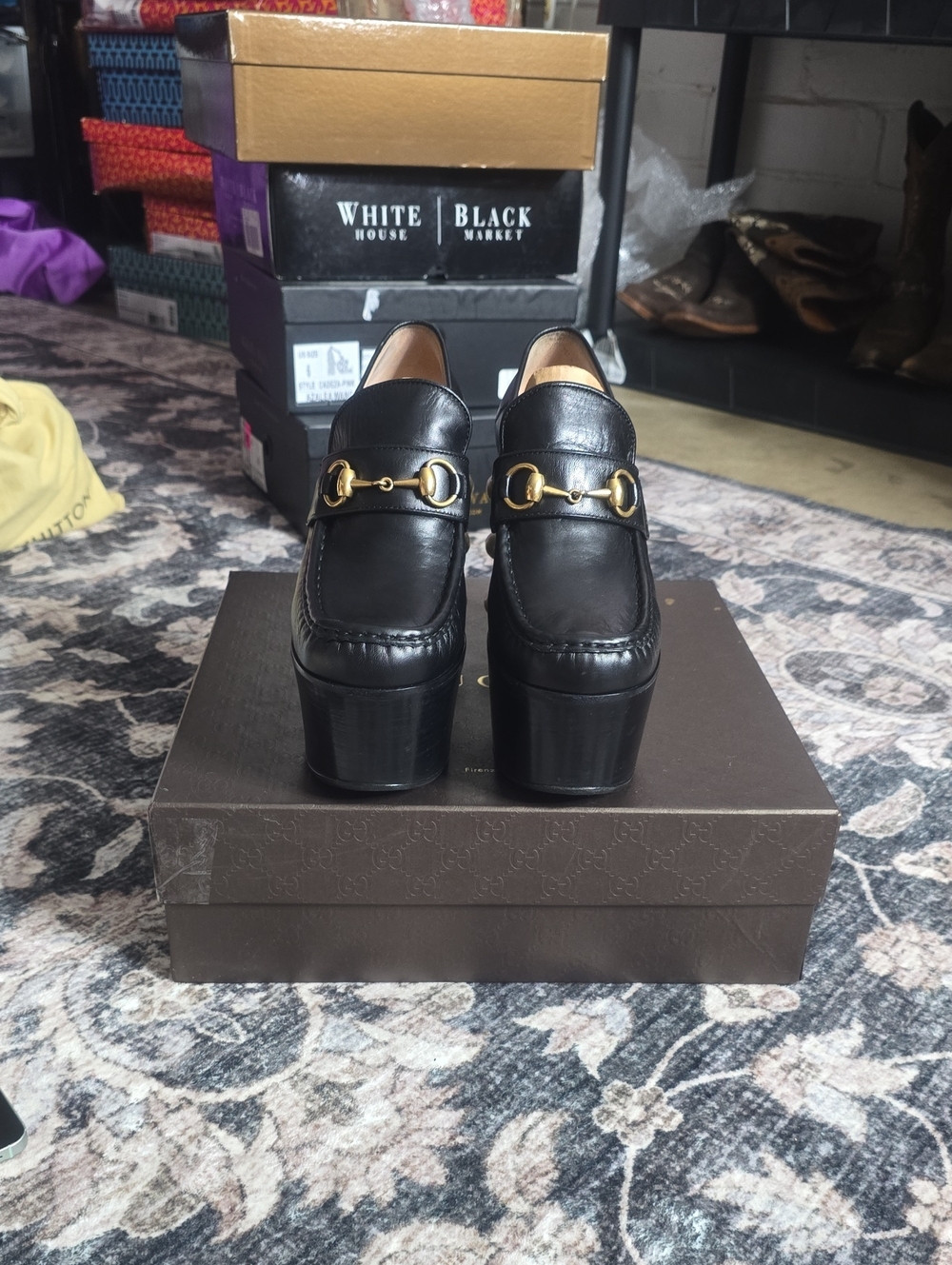 Gucci Black Leather Platform Horsebit Mules